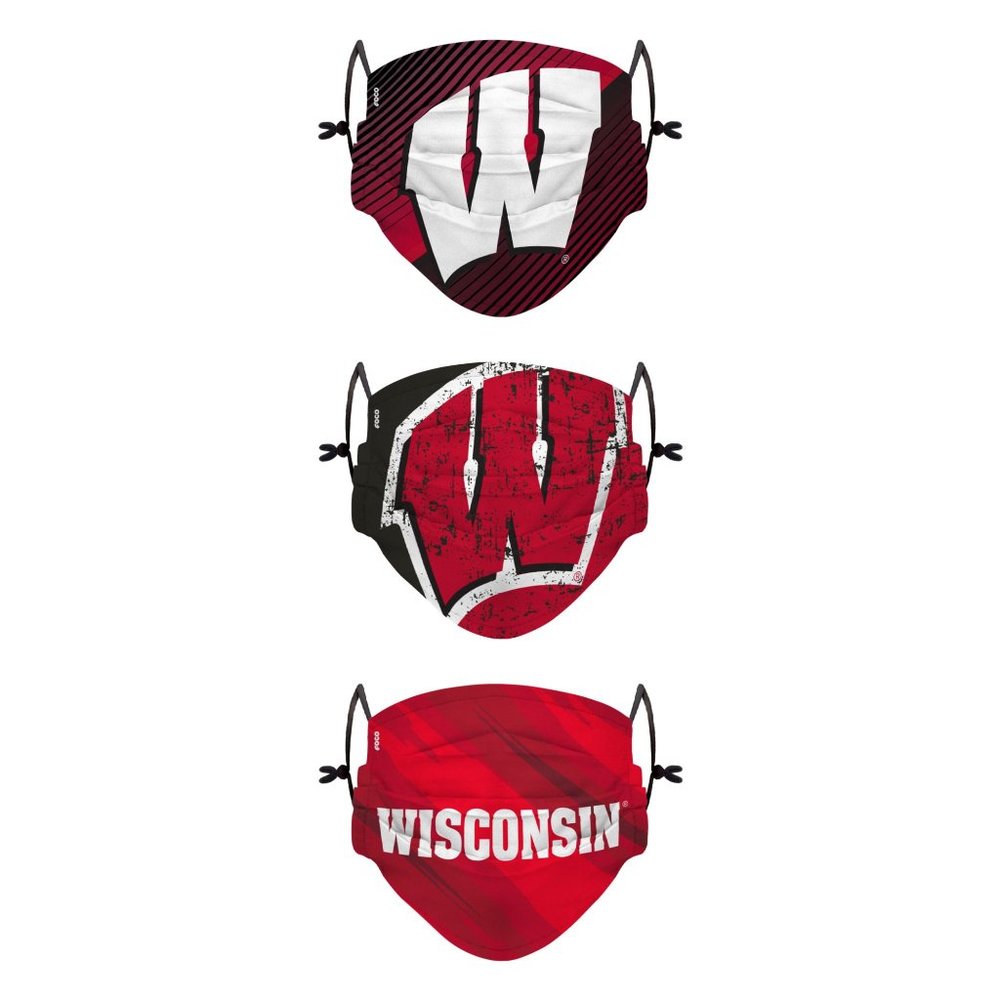 FOCO Youth Wisconsin Badgers 3-Pack Face Coverings One Size Fits Most 6D242